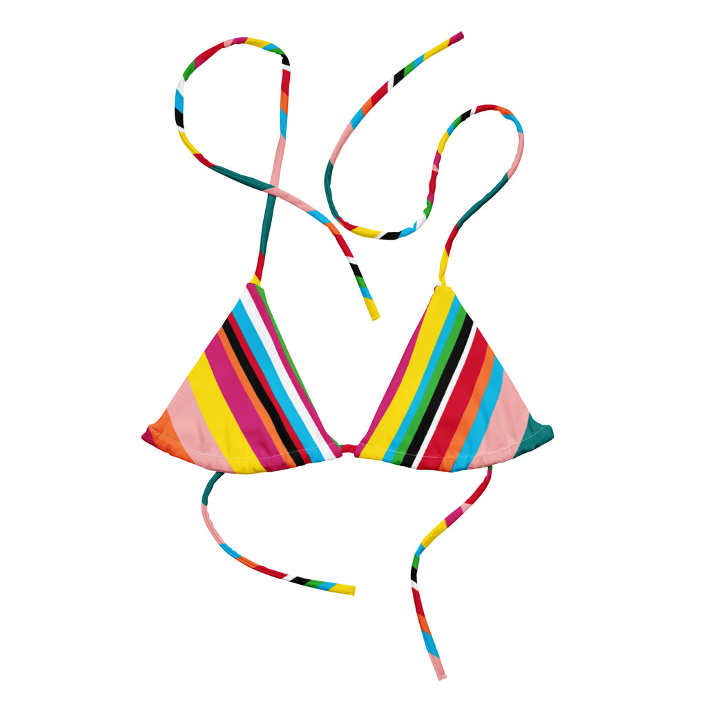 Rainbow Stripes Print Recycled String Bikini Top