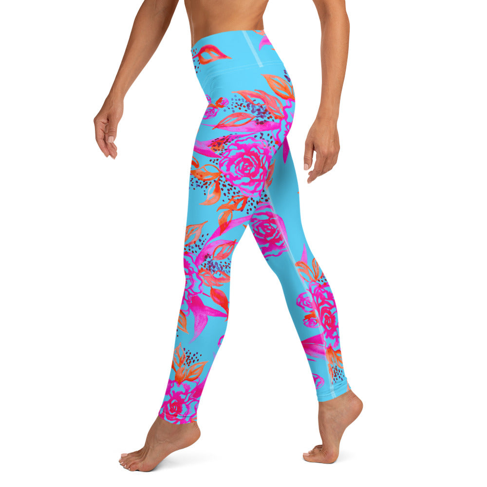 Painted Floral Turquoise Yoga Leggings