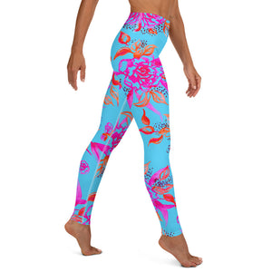Painted Floral Turquoise Yoga Leggings