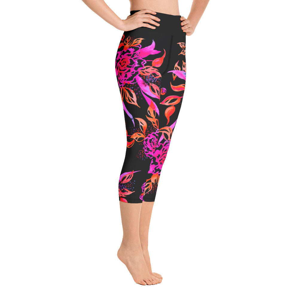 Painted Floral Yoga Capri Leggings Black – CALI Leggings